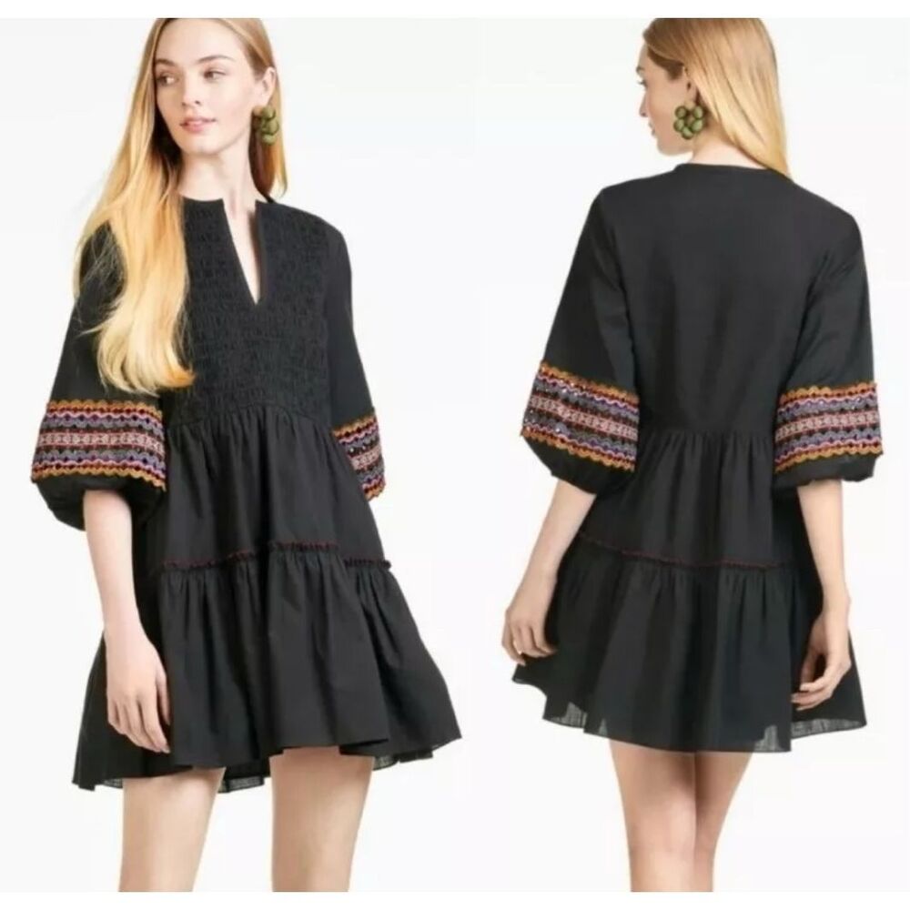 Sachin & Babi Black Coco Embroidered Boho Tiered Dress Size‎ Large